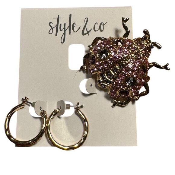 Style & Co. Pink Ladybug Brooch with Gold Earrings - Picture 1 of 2